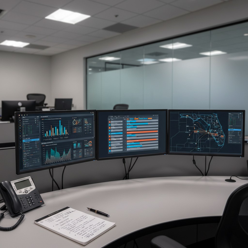Operations workstation with three monitors showing dashboards, tickets, and a regional map